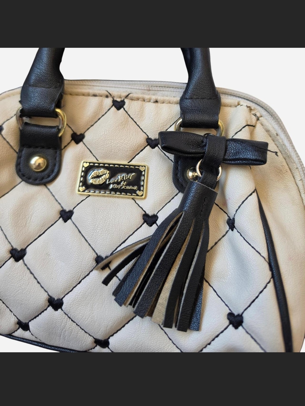 Betsey Johnson Cream Quilted Mini Satchel with Black Trim and Tassel - Picture 7 of 8